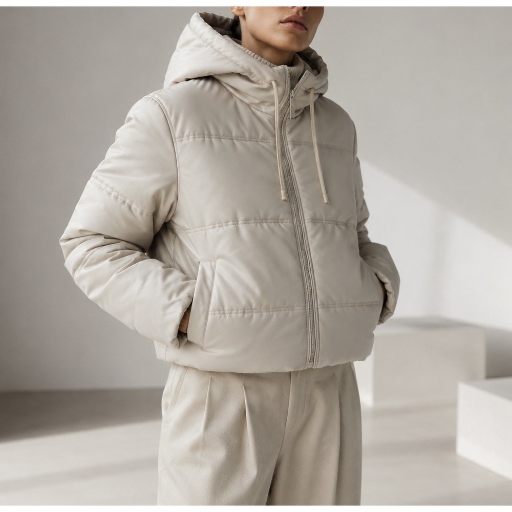 Zara Faux Leather Puffer Jacket Cream Hooded Full Zip Quilted Coat Womens Size S